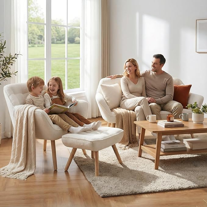 48”Small Loveseat Sofa Modern Sherpa Upholstered Mini Couch 2-Seater Fluffy Love Seat with Quilting Backs and Wood Legs for Living Room Bedroom and Small Space White