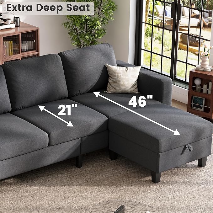 Sectional Sofa and Couches for Living Room 78'' Dark Grey 3 Seat L-Shaped Couch with Movable Ottoman Comfy Linen Convertible Sectionals Sofas with Chaise for Apartment Dorm Small Space