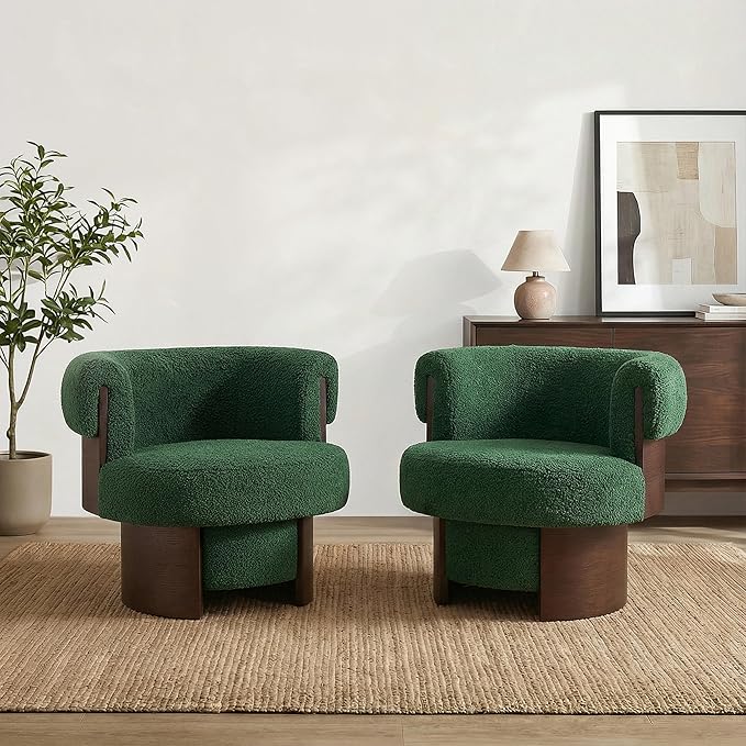 Scott Living Scrolla Boucle Upholstered 360° Swivel Accent Chair Set of 2 Teddy Fleece Swivel Barrel Chair Modern Vanity Chair for Living Room Bedroom Green