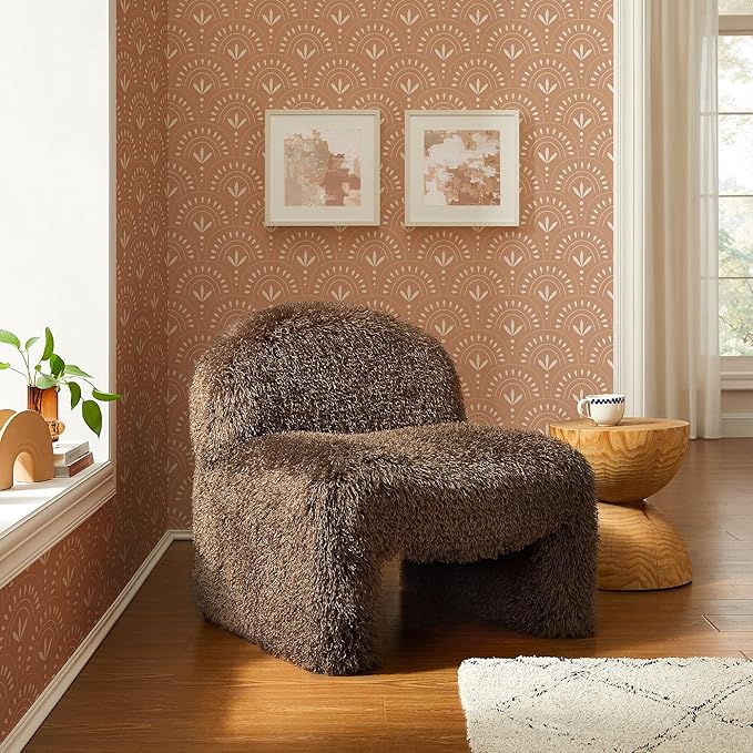 Modway Mina Faux Fur Accent Chair in Brown -Furry Slipper Lounge Chair for Bedroom Or Living Room