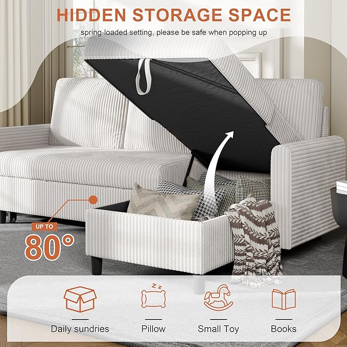 Sofa Bed Sleeper Pull Out 2 in 1 Sectional Sleeper Sofa Couches with Storage Pullout Sectional Couches for Apartment Living RoomWhite