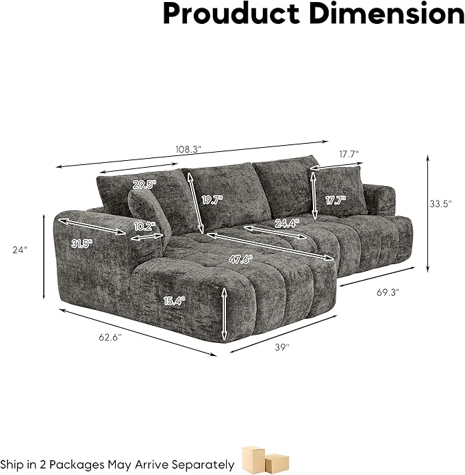 108” Cloud Modular Sectional Sofa Couch with Deep Seat Modern L-Shaped Boneless Couch with Chaise Comfy Chenille Sofa for Living Room No Assembly Required (Brown Left Facing Chaise)