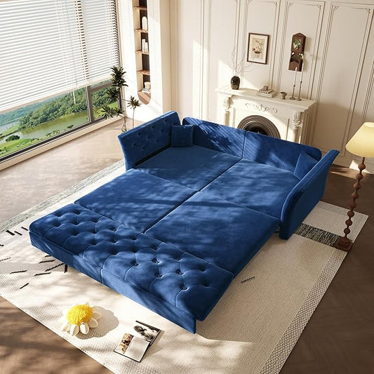 KEIKI 74.7 Queen Pull Out Sofa Bed Velvet Convertible Sleeper Sofa Button Tufted Chesterfield Sofa Pull-Out Couch Bed for Living Room Bedroom Apartment Blue