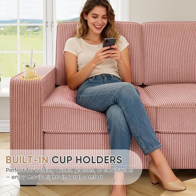 83.86 Corduroy 3-Seater Sofa with Extra Deep Seat Modern Cloud Couch with 2 Cup Holders Comfy Upholstered Sofa for Living Room Apartment &amp Office Pink