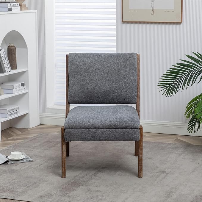 Chenille Single Accent Chair Wooden Legs Padded Upholstery High Density Foam Small Modern Armless Chair for Living Room Bedroom Dark Grey