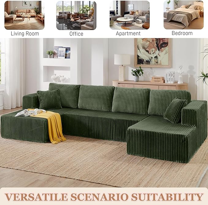 Cloud Couch U-Shaped Sectional Sofa 132.5'' Modular Boneless Couches for Living Room Corduroy Deep Seat Sofa with 2 Chaise Lounges and 1 Loveseat No Assembly Required (Green U Shape)