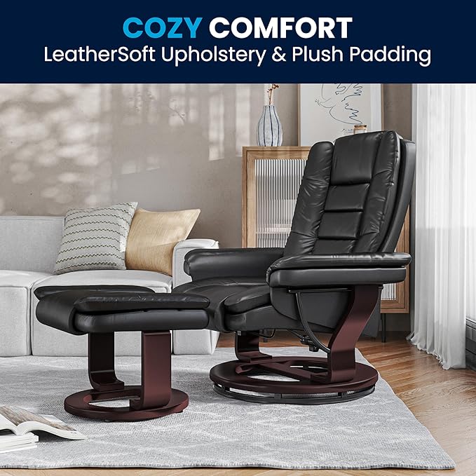 Flash Furniture Bali Contemporary Multi-Position LeatherSoft Recliner Chair with Ottoman 360-Degree Swivel Recliner Chair and Ottoman Set Black