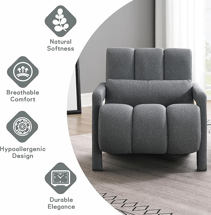 Accent Chair Modern Upholstered Armchair with Pillow Breathable Linen Fabric Comfy Reading Chair for Living Room Bedroom Small Spaces Office Study Grey