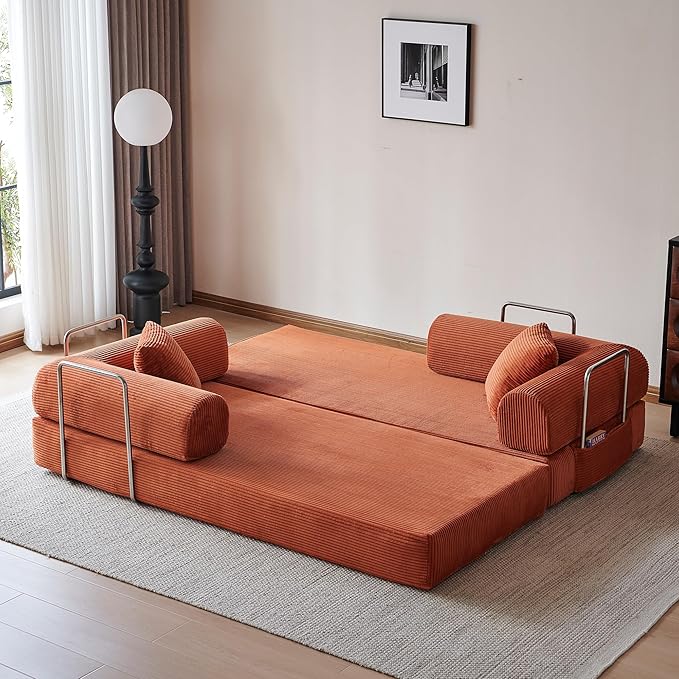 79 Convertible Sleeper Sofa Bed Modern Corduroy Floor Couch Bed with Fixed-Shape Frame Modular Sofa Couch with Pull Out Bed Boneless Loveseat Sleeper Couches for Living Room Orange