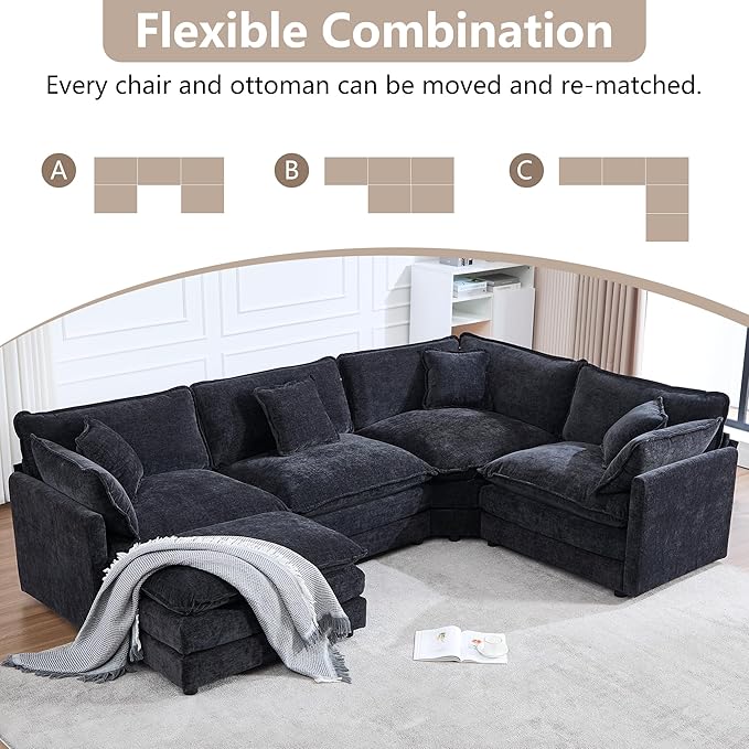 113.4 Deep Seat Sectional Cloud Sofa with an Ottoman Oversized U Shaped Modular Couch Large 5 Seater Corner Couches for Living Room Black Chenille