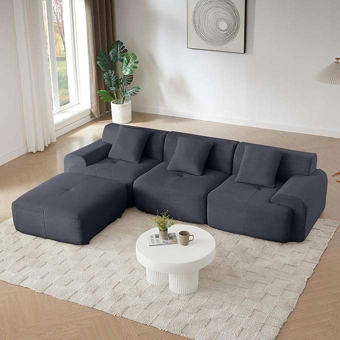 113 Cloud Compressed Modular Sectional Sofa Boneless Couch for Living Room Modern Corduroy Upholstered L-Shaped Corner Couch with Reversible Ottoman for Apartment | Deep Seat Wider Armrest Free Co