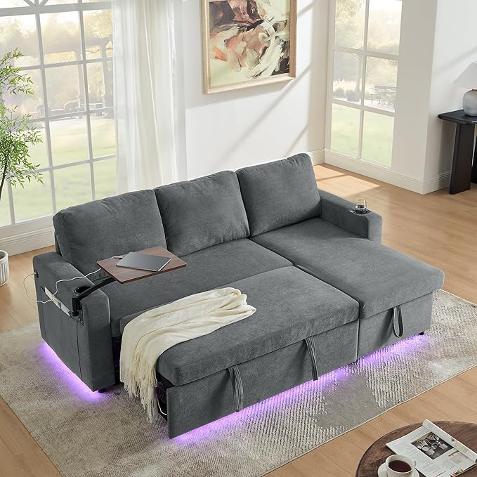 KEIKI 85 L-Shaped Chenille Sectional Sofa with Pull-Out Bed Storage Chaise Lounge Retractable Table USB Cup Holders Convertible 3-Seater Sleeper Couch Bed Easy Assembly for Living Room Grey