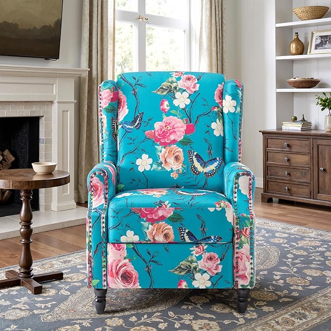 Recliner Chair Upholstered Wingback Floral Pushback Armchair with Adjustable Backrest &amp Footrest Comfy Accent Chair Reading Single Sofa for Small Spaces Living Room Bedroom (Peacock Set of 1)