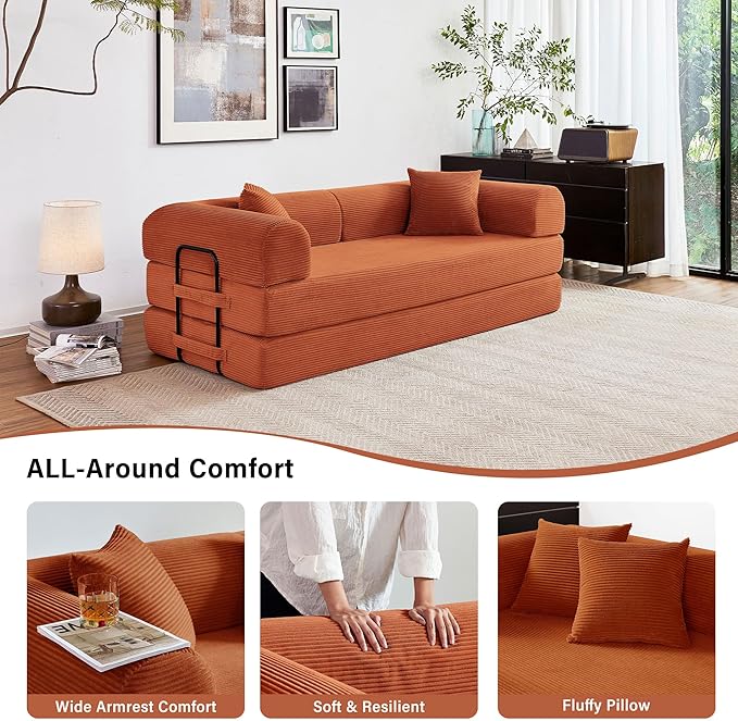 79 5-in-1 Folding Convertible Sofa Bed Oversized Corduroy Futon Floor Couch with Pull-Out Sleeper Modular Boneless Loveseat for Small Spaces Living Room Bedroom (Orange)