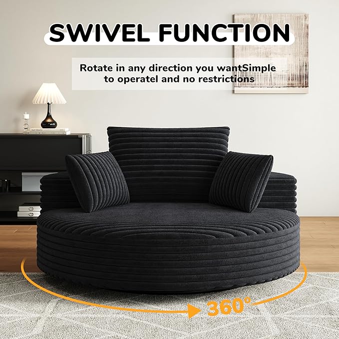 KEIKI 55 Oversized 360 Degree Swivel Chair Large Barrel Chairs Upholstered Round Swivel Chair Corduroy Single Sofa Armchair Sleeper Chair for Living Room Lounge Black