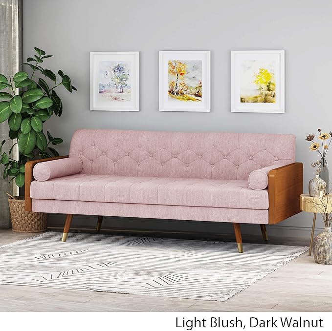 GDFStudio Aidan Mid-Century Modern Tufted Fabric Sofa Light Blush and Dark Walnut