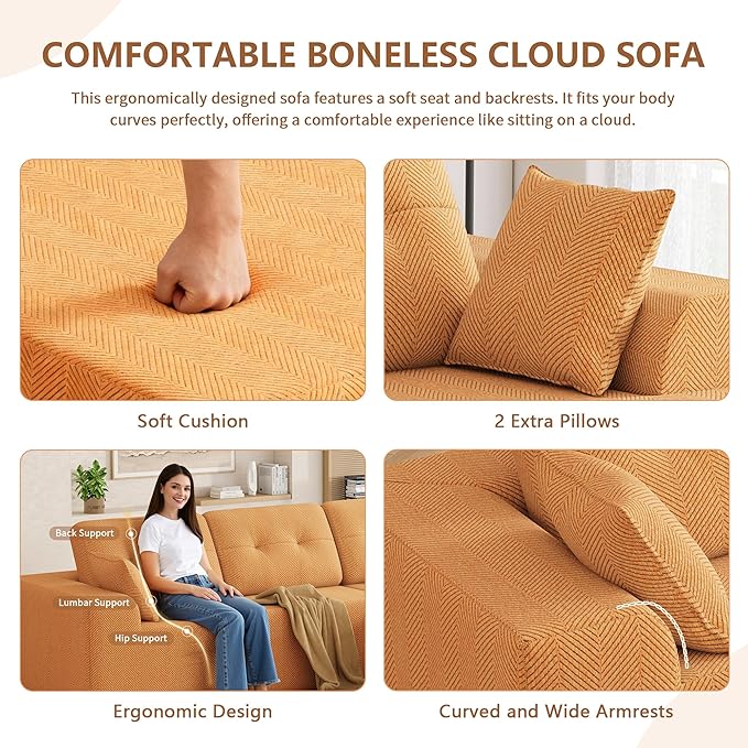 Ball &amp Cast 106 Cloud Modular Sectional Sofa Boneless Chenille Couch with Deep Seat Comfy L-Shaped Sectional Modern Upholstered Sofa for Living Room No Assembly (Orange Right Facing Chaise)