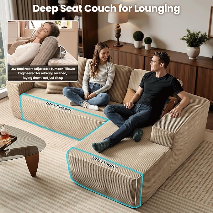 106 Cloud Sectional Couch with Chaise Lounge Deep Seat L Shaped Modern Modular Sleeper Sofa No Assembly Required Boneless Couches for Living Room (RightStripe CorduroyCamel)