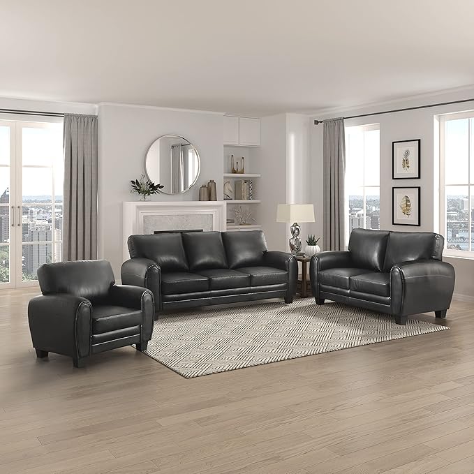 Homelegance 61.5W Rubin Modern Loveseat with Track Arms Foam Cushions Comfort 2 Seater Couch Faux Leather Love Seat for Living Room Apartment Office Easy Assembly Black