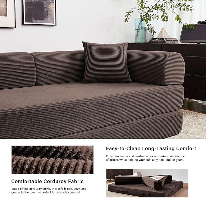 79 5-in-1 Folding Convertible Sofa Bed Oversized Corduroy Futon Floor Couch with Pull-Out Sleeper Modular Boneless Loveseat for Small Spaces Living Room Bedroom (Brown)
