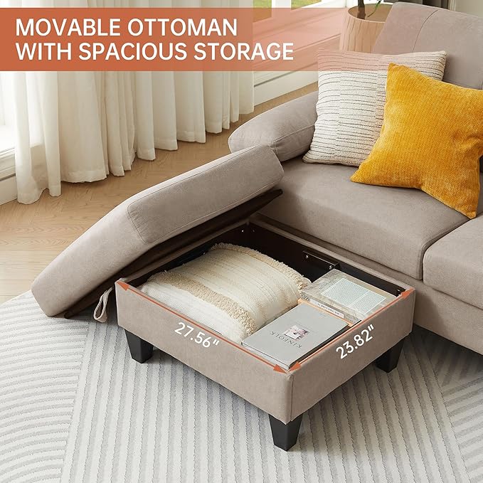 2PCS Sectional Sofa Set with OttomanModern Linen 4 Seater Couch Set with Side Pockets 3 Seat Couch and Armchair for Small Space(3+1Seat/Beige)