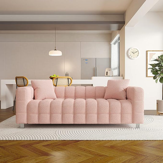 87.4'' Modern 3-Seater Sofa Bubble Couch with 2 Pillows for Living RoomTeddy Bouclé Velvet Deep Seat Sofa Couch Fluffy Loveseat Sofa with 6 Metal Base Legs for Bedroom/Home/Office(Pink)