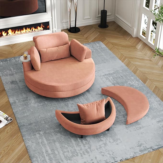 51-Inch Orange Corduroy Sofa Lounge Chair with 2 Throw Pillows 1 Waist Pillow 1 Extra Storage Tray for Comfortable Seating in Small Apartment Bedrooms Living Room