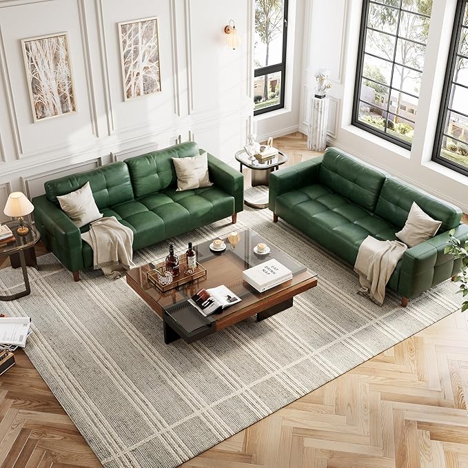 GarveeHome 3-Seater Sofa Couch 83 in Wide Faux Leather Sofa Couch with Spring Cushion Modern Sofa with Deep Seats and 2 Removable Back Cushions for Living Room Bedroom Apartment Office Green