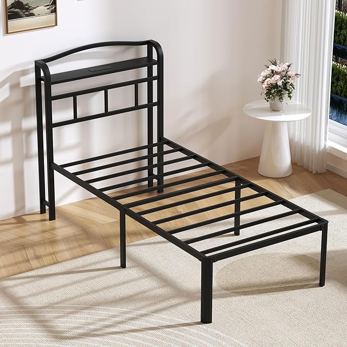 18 Inch Metal Bed Frame - Twin Size Black Heavy Duty Bedframe Platform Basic Mattress Foundation with Headboard &amp Charging Station No Box Spring Needed/Easy Assembly/Noise-Free