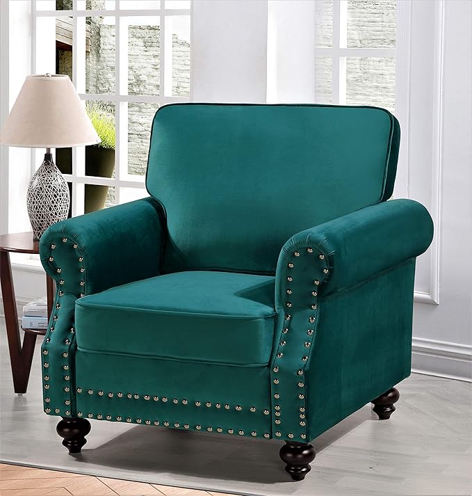 Lotus Mid Century Modern Velvet Upholstered Living Room Rolled Arms Chair 38 Green
