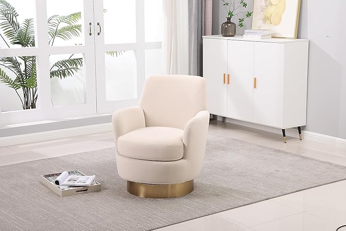 Velvet Swivel Barrel Chair Armchair for Living Room Reading Chairs for Bedroom Comfy Round Barrel Chairs with Gold Stainless Steel Base for Living Room Bedroom Reading Room (Beige)