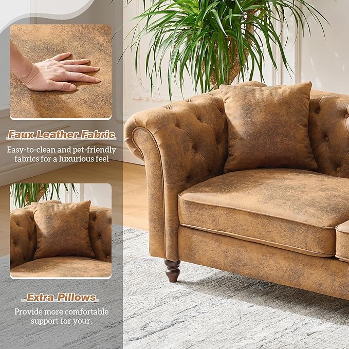 Modern Couch and Loveseat Sets Luxury Faux Leather Chesterfield Living Room Sofa Set Comfy Upholstered Deep Seat Sofa Furniture Set w/ Roll Armrest &amp Tufted Button for Office Juego De Sala Brow