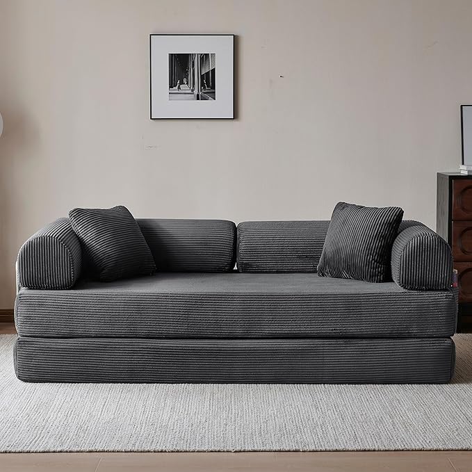 79 Convertible Sleeper Sofa Bed Modern Corduroy Floor Couch Bed with Fixed-Shape Frame Modular Sofa Couch with Pull Out Bed Boneless Loveseat Sleeper Couches for Living Room Grey