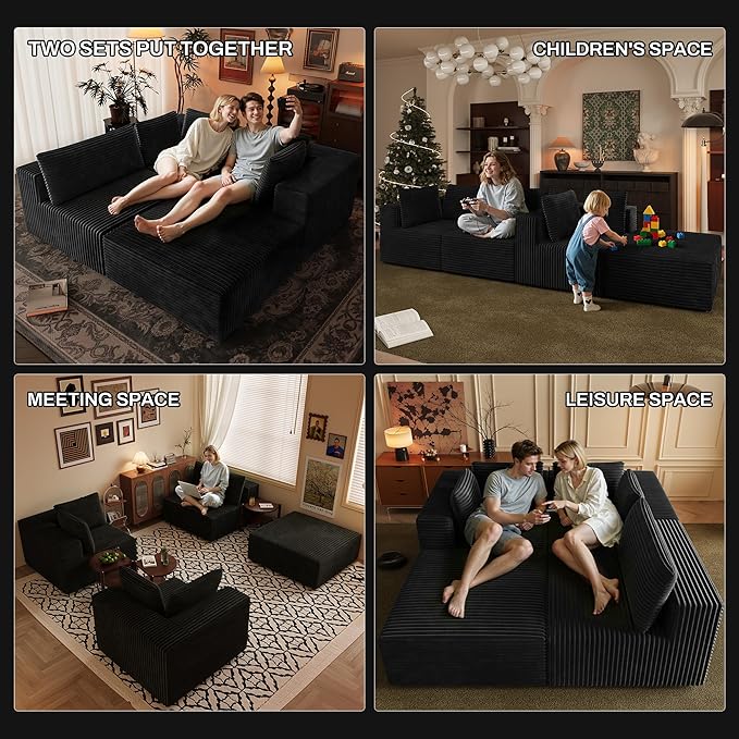 106 Sectional Sofa Couch 4-Piece L-Shaped Cloud Couch with Chaise Modular Sofa for Living Room with Sturdy Metal Frame &amp 5 Pillows Boneless Fluffy Corduroy Deep Seat Couch(Black)