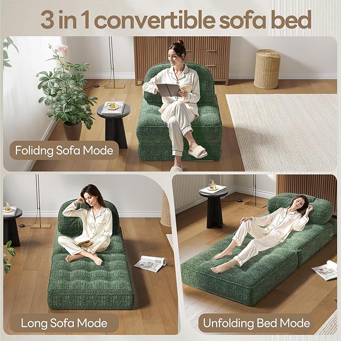 Dowinx Folding Sofa Bed with Pillow Convertible Comfy Couch Bed for Adults Home Lounge and Gaming Modern Comfortable Design for Apartment Living Room Bedroom Single Smooth Velvet Cyprus Green