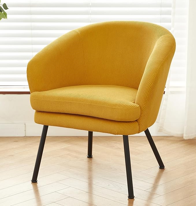 Modern Corduroy Accent Chair with Channel Back Design Black Metal Legs and Soft Upholstery Comfortable Seating for Living Room Bedroom or Office Yellow