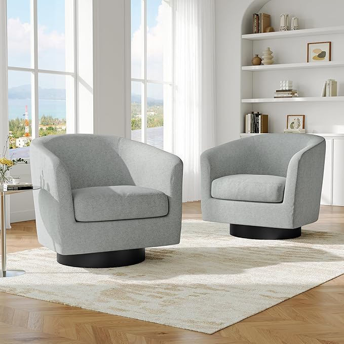 Swivel Barrel Accent Chair Modern Round Chenille Fabric Arm Chair for Living Room Bedroom Comfy Club Reading Chairs for Adults（Chenille Fabric Light Grey Set of 1