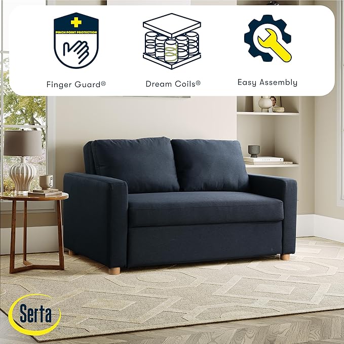 Serta Tulsa 66.1 Convertible Sleeper Loveseat Full Size Dreamcoil Comfort FingerGuard Pinch Point Protection Woven Fabric Navy Blue