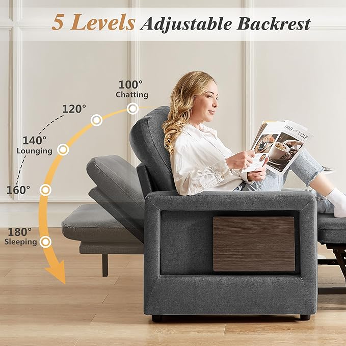WEUP 42.5 Sleeper Sofa Chair Bed 3-in-1 Convertible Sleeper Chair with Pull Out Bed Adjustable Reclining Backrest Side Pockets Cup Holder USB Ports &amp Wing Table Premium Dark Grey