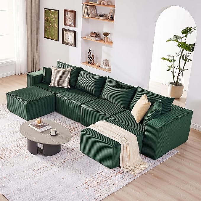 135.4 Cloud Couch Sectional Modular Sectional Sofa with Deep Seat Plush Corduroy U Shaped Boneless Couch Convertible Sectional Couches for Living Room 6Seat Green