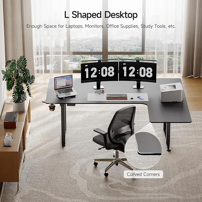 ONBRILL L Shaped Standing Desk 63x43 Inches Electric L Stand Up Desk with 4 Legs Dual Motor and Memory Controller Adjustable Height from 28-46 Inches for Home and Computer Workstation Black