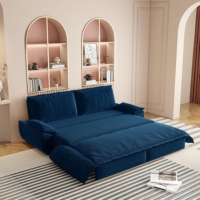 3 in 1 Convertible Queen Sleeper Sofa Bed Comfy Pull Out Futon Couch Bed 73.2 Modern Velvet Recliner Loveseat Sofa Multi-Functional Blue Cloud Couch for Living RoomApartmentOffice (Blue 73.2)