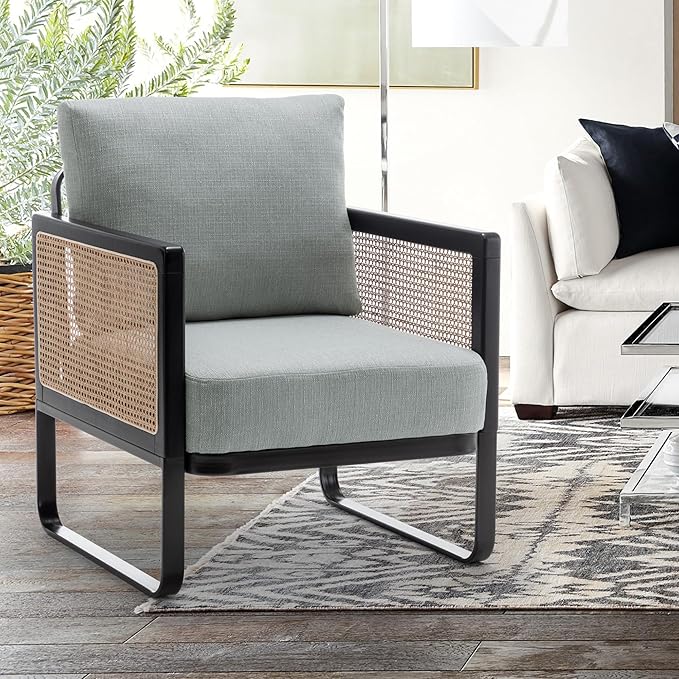 WENTMENT Modern Accent Chair Sofa Chair with Natural Rattan Armrest and Removable Backrest Upholstered Living Room Chair Comfy Lounge Chair for Reception Room/Hosting Room/Bedroom (Grey)