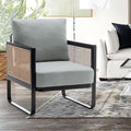 WENTMENT Modern Accent Chair Sofa Chair with Natural Rattan Armrest and Removable Backrest Upholstered Living Room Chair Comfy Lounge Chair for Reception Room/Hosting Room/Bedroom (Grey)