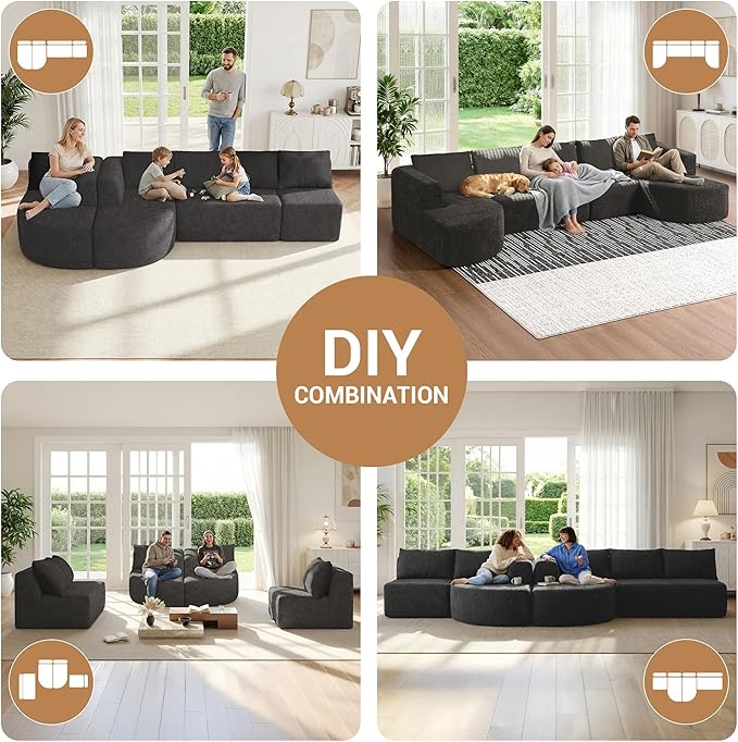 144 Modular Sectional Sofa No Assembly Required U-Shaped Cloud Couch with Chaise Modern Curved Boneless Sofa in Luxurious Boucle Fabric Deep Seats Memory Foam (Dark Grey) | Zero-Assembly Design