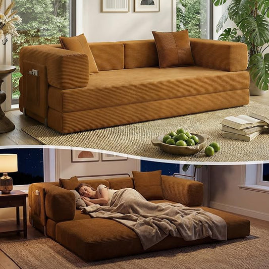 78.8 Convertible Sofa Bed with Armrest Pillow 4-in-1 Sleeper Couch Bed for Livingroom Modular Corduroy Boneless couches No Assembly (Yellow)