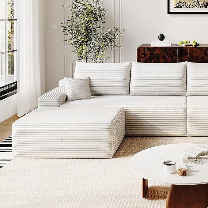 37.4 Plush Corduroy Ottoman Upholstered Cloud Ottoman for Boneless Couch in a Box Modular Sectional Couches for Living Room Compressed Memory Foam No Assembly Require White