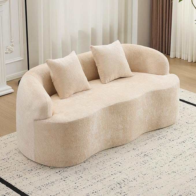 Loveseat Sectional Boneless Sofa for Living Room 67 Chenille Fabric Sofa Deep Seat Curved Cloud Floor Couch with 2 Throw Pillows for Small Spaces Beige
