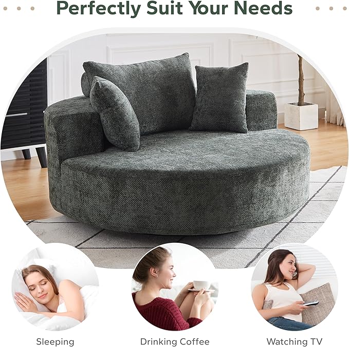 Oversized 360° Swivel Accent Chair for Living Room Modern 55’’ Comfy Chenille Extra Wide &amp Deep Seat Round Barrel Chair with Overstuffed Cushions No Assembly Needed Slate Green