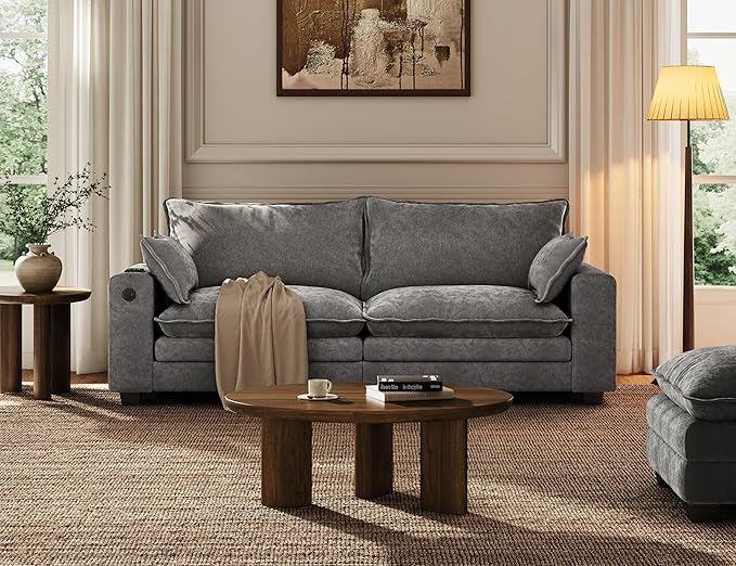 80 Cloud Sofa Loveseat for Living Room 2-Seats Couches with Wide Armrest Storage Charging Station Led Lights Modern Chenille Fabric Sofa for Small Space Grey